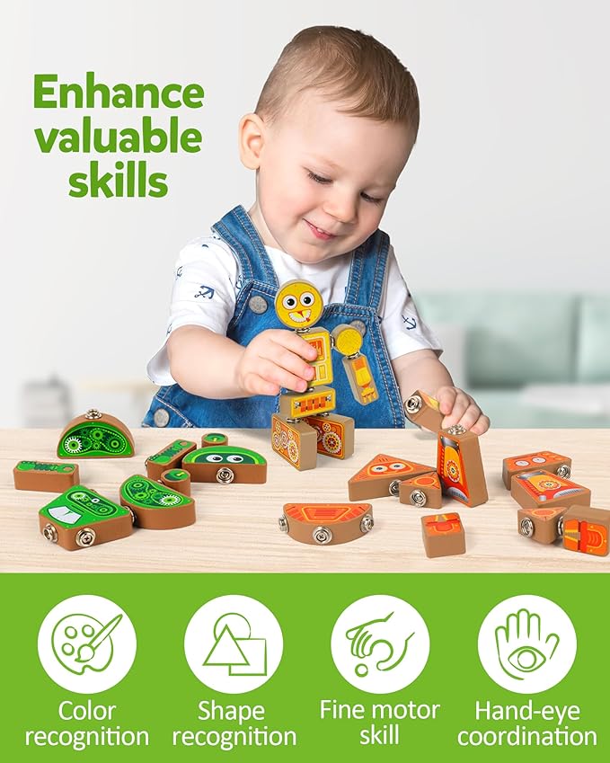 Coogam Snap Together Robot Builders for Toddlers Wooden Take Apart Robot Build Block Playset Fine Motor Skill STEM Educational Montessori Toy Gift for 3 4 5 Years Old Kids