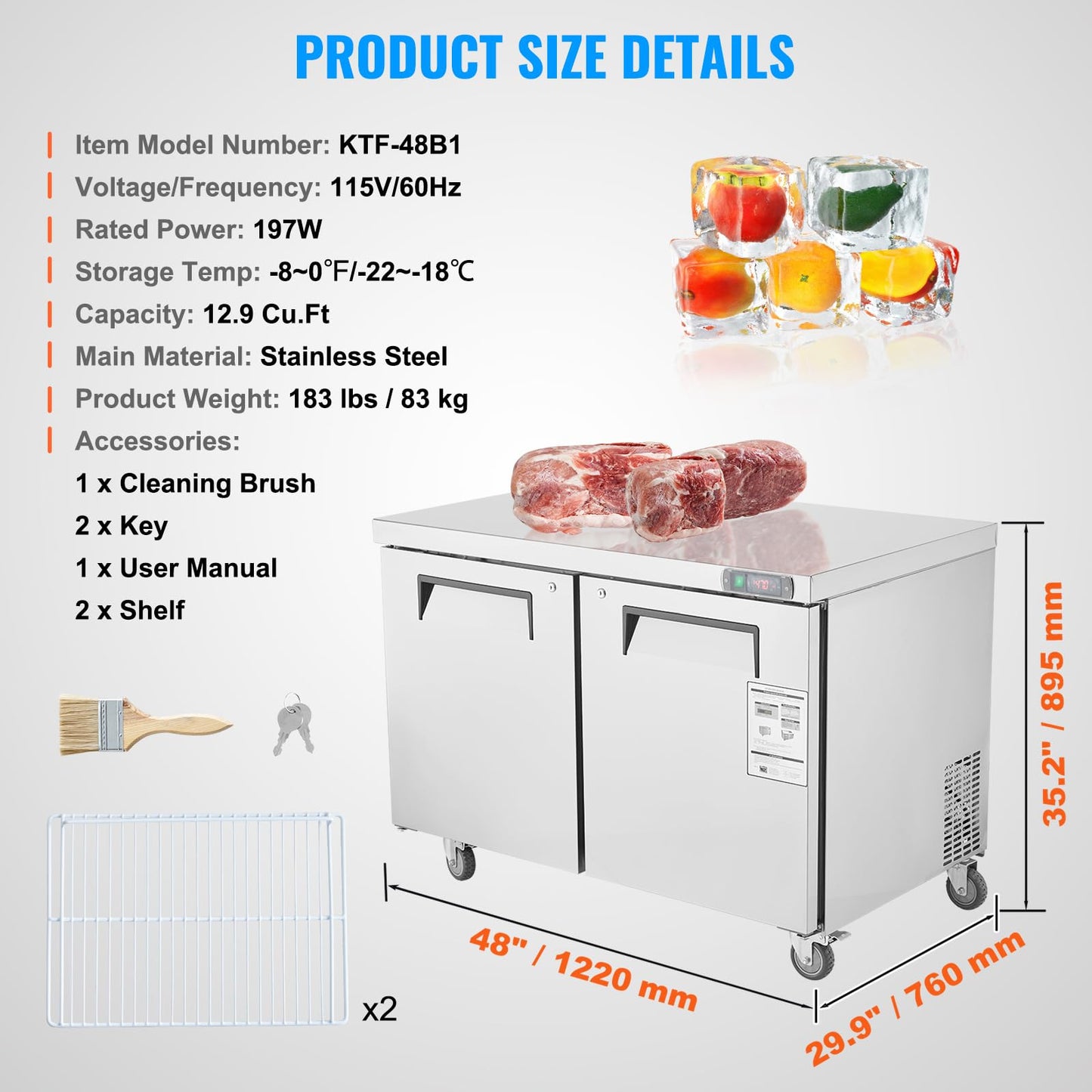 VEVOR 48" W Commercial Freezer Worktop, 12.9 Cu. Ft Undercounter Freezers with/Casters, <0~-8℉>Defrost Frozen Prep Table, 2 Doors Stainless Steel Food Frozen Prep Station for Restaurant, Diner, Bar