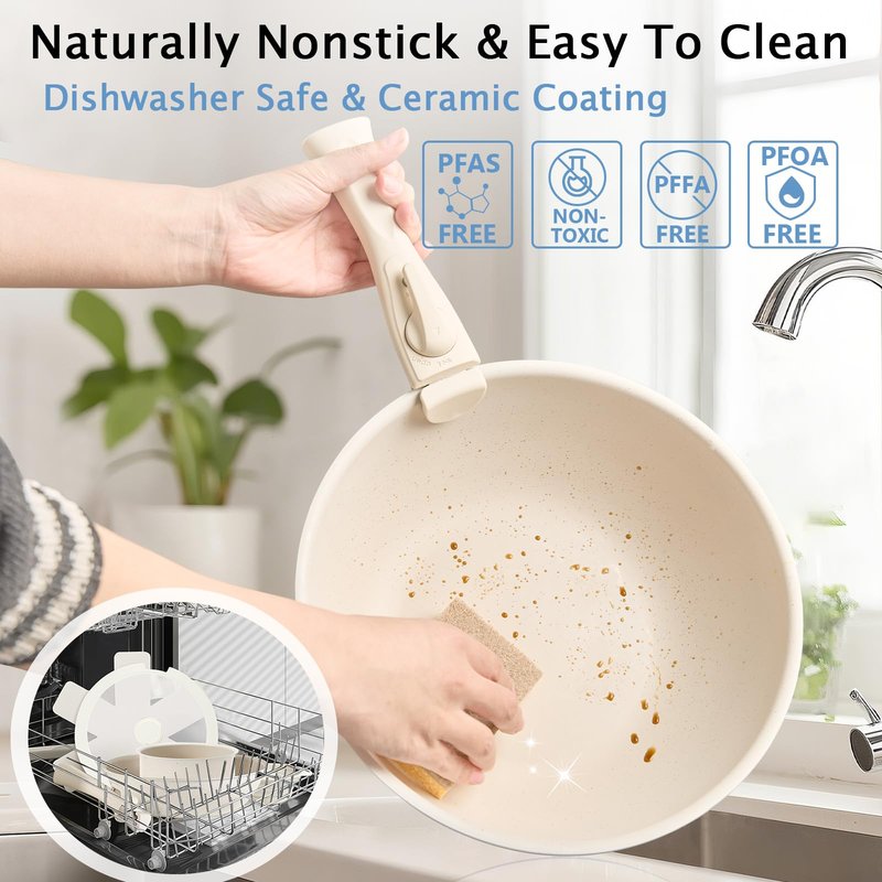 VIVIDCOOKWARE 7Pcs Non Stick Pots and Pans Set, Ceramic Cookware Set with Detachable Handle, PFAS-Free, Oven & Induction Safe (White)