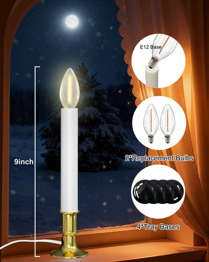 SUNSGNE Christmas Electric Window Candle Lights with Auto Sensor, Dusk to Dawn Candle Lamps with Gold Plated Base, 9'' Plug in Candle Lights with 0.6W LED E12 Bulbs for Window Table Decor, 4 Pack