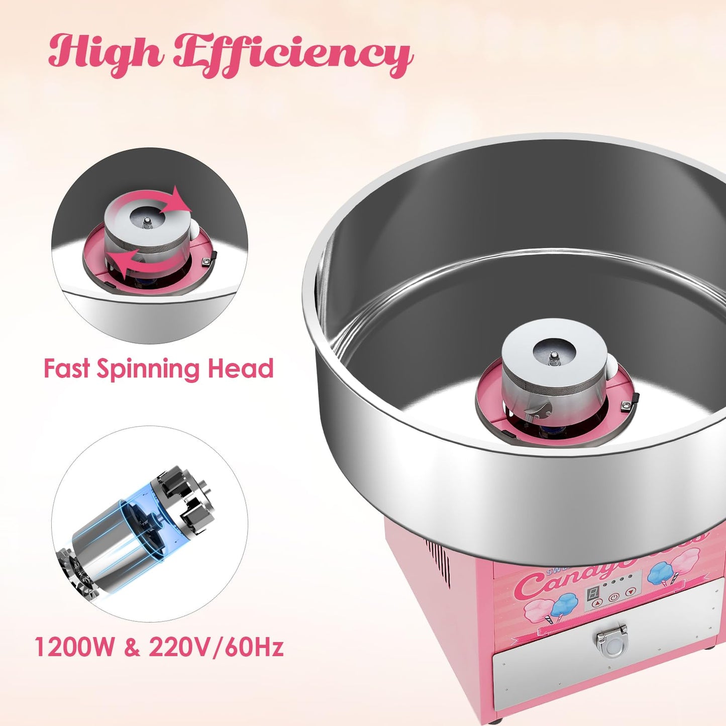 Garvee Electric Cotton Candy Maker Commercial, Cotton Candy Machine for Kids with 20 in Stainless Steel Bowl for Family, Party, Amusement Park, Carnival- Pink