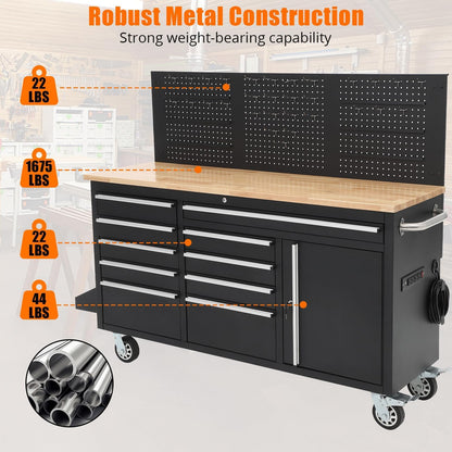 61-Inch Rolling Tool Chest with 10 Drawers & Power Strip, Solid Rubber Wood Top, 1675 LBS Load Heavy Duty Mobile Workstation, Locking System and Drawer Liners for Garage Warehouse Shop, Black