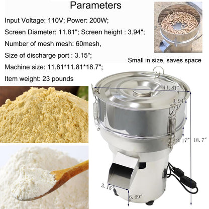 INTBUYING Automatic Powder Sifter Machine, Sieve Shaker Vibrating Machine, Electric Stainless Steel Powder Shaker, Electric Sieve Vibrating Screen with 60 Mesh Screen, 110V, 11.8 inch Diameter