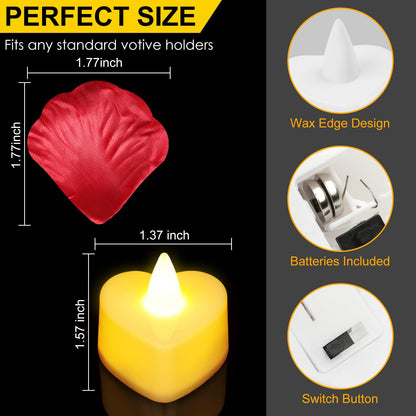 gobutend 2000 Pcs Artificial Rose Petals with 24 Pcs Romantic Flameless Candles, LED Heart Tea Lights Battery Operated for Romantic Night Wedding Anniversary Table Party Decoration