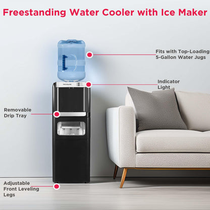 Frigidaire 3-in-1 Hot or Cold Top-Load Water Cooler Dispenser, 5 Gal Bottle, Built-in Bullet Ice Maker, Compact, Black