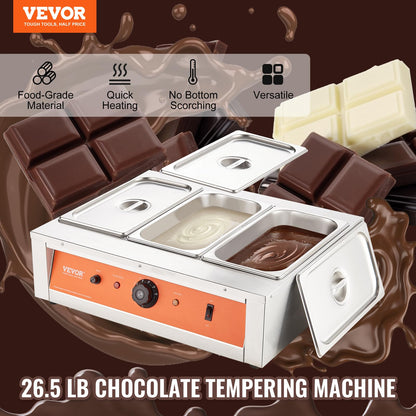VEVOR Chocolate Tempering Machine, 26.5 Lbs 3 Tanks Chocolate Melting Pot Temp Control 86~185℉, 1500W Stainless Steel Electric Commercial Food Warmer for Chocolate/Milk/Cream Melting and Heating
