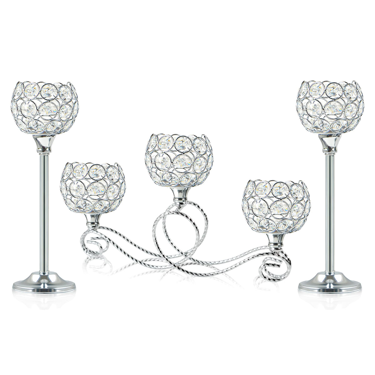 Silver 5 Arm Metal Crystal Tea Light Candle Holder, Elegant Wedding Table Centerpiece Candle Holder, Christmas Wishing Crystal Bowl Candle Holder Suitable for Wedding Party Living Room Decoration