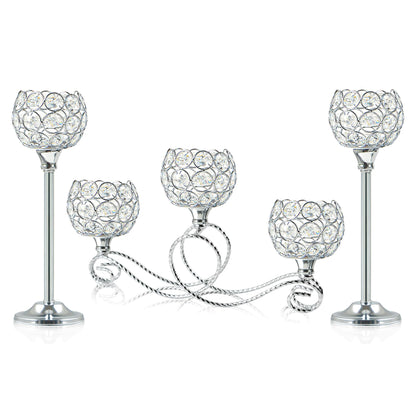 Silver 5 Arm Metal Crystal Tea Light Candle Holder, Elegant Wedding Table Centerpiece Candle Holder, Christmas Wishing Crystal Bowl Candle Holder Suitable for Wedding Party Living Room Decoration