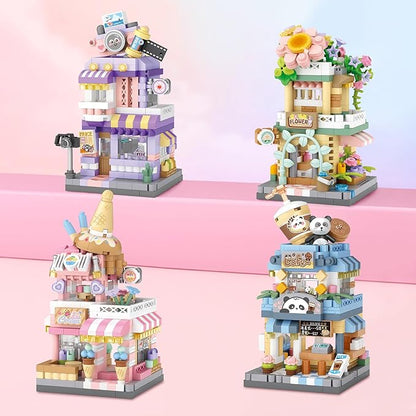 4 Mini City Shop Street View Building Blocks Model SetSimulation Architecture Collection Particle Construction Building Bricks ToyHome Decoration