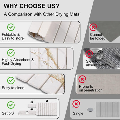 3 PCS Large Stone Dish Drying Mat for Kitchen Counter, Quick Dry Stone Dishes Mats, Sink Faucet Mat, Marble Water Absorbing Diatomaceous Earth Drying Pad for Countertop Tableware, Bottles