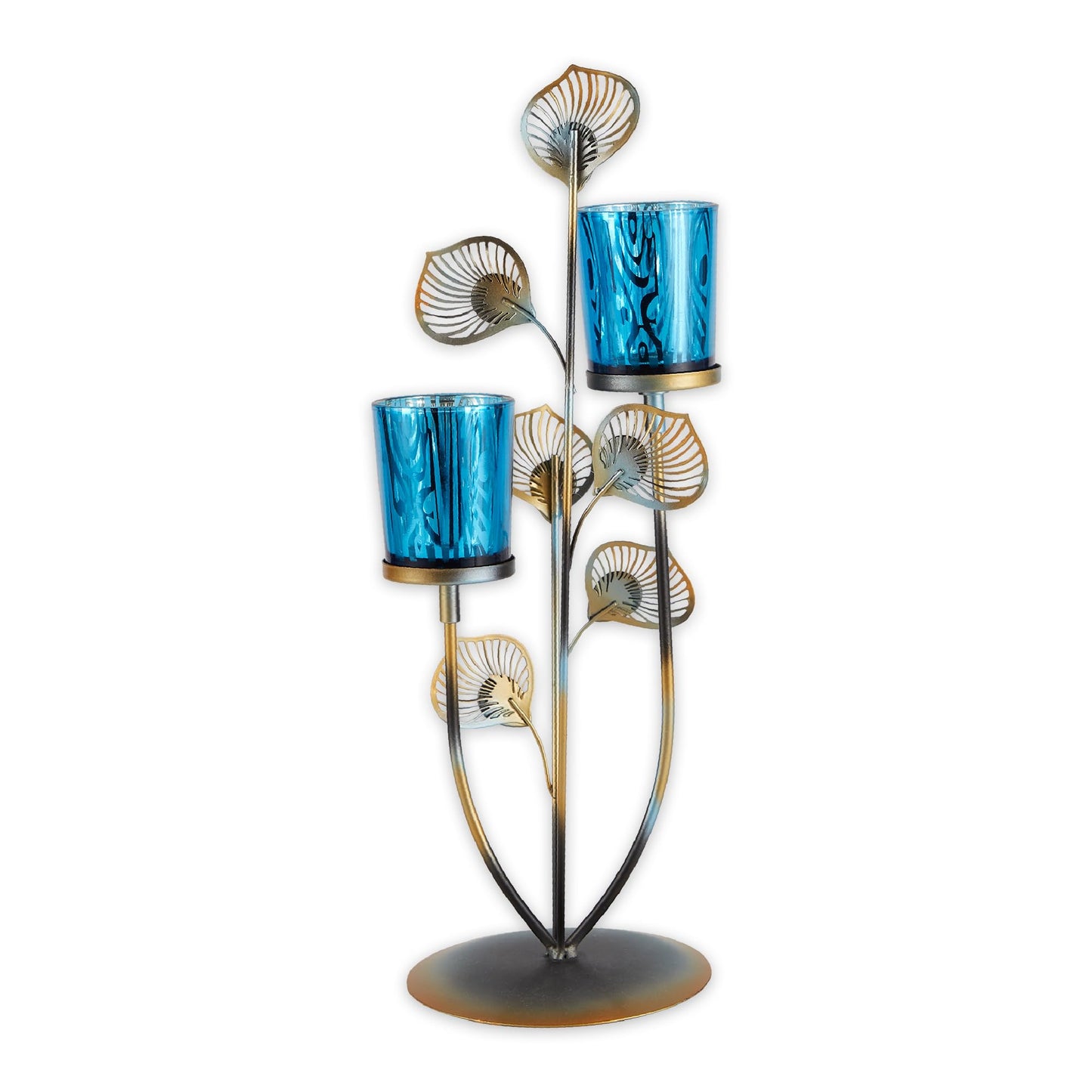 Zingz & Thingz Exotic Peacock Plume Collection Tealight & Candle Lighting, 4.625x4.625x14, Holder Duo