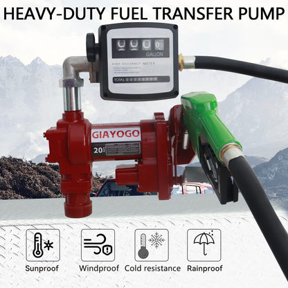 GIAYOGO Fuel Transfer Pump DC 12 Volt 20 GPM High Flow,w/Automatic Green Nozzle,Mechanical Gallons Meter.Heavy Duty Gas Fuel Pump for Gasoline,Diesel, Kerosene,Ethanol Blends,Methanol Blends,Biodiesel