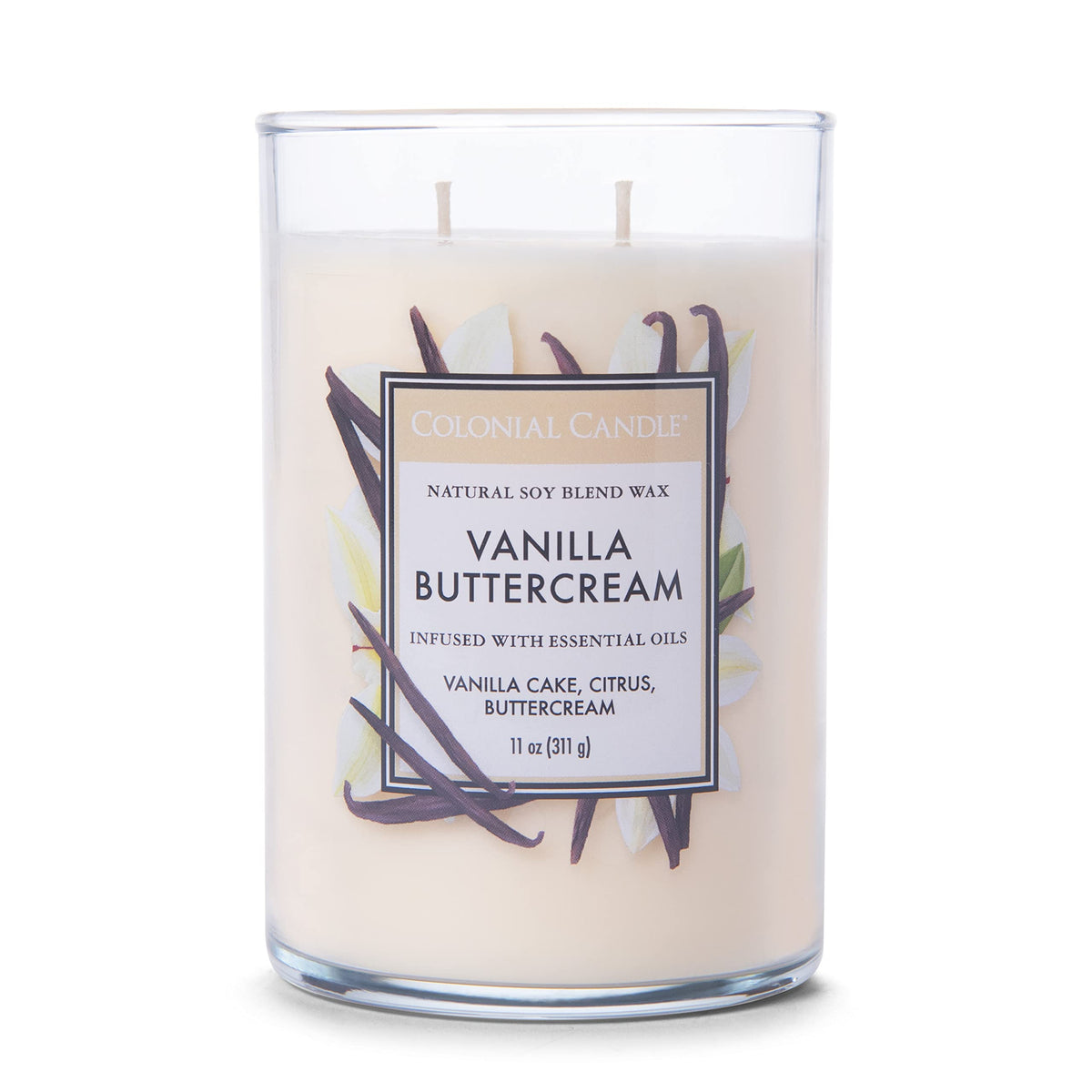 Colonial Candle Vanilla Buttercream Scented Jar Candle, Classic Cylinders Collection, 2 Wick, White, 11 oz - Up to 80 Hours Burn