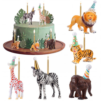 BrightRow 5 Pcs Safari Jungle Animal Cake Candle Holders Resin Animals Figures Cake Topper Birthday Party Decor Giraffe Lion Elephant Zebra Tiger Candle Stands for Wild Animals Themed Party Decor