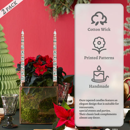 Floral Taper Candles 10 Inch Tall Unscented Handmade Merry Christmas Print Long Burning Elegant Candlesticks for Christmas Decor Gifts