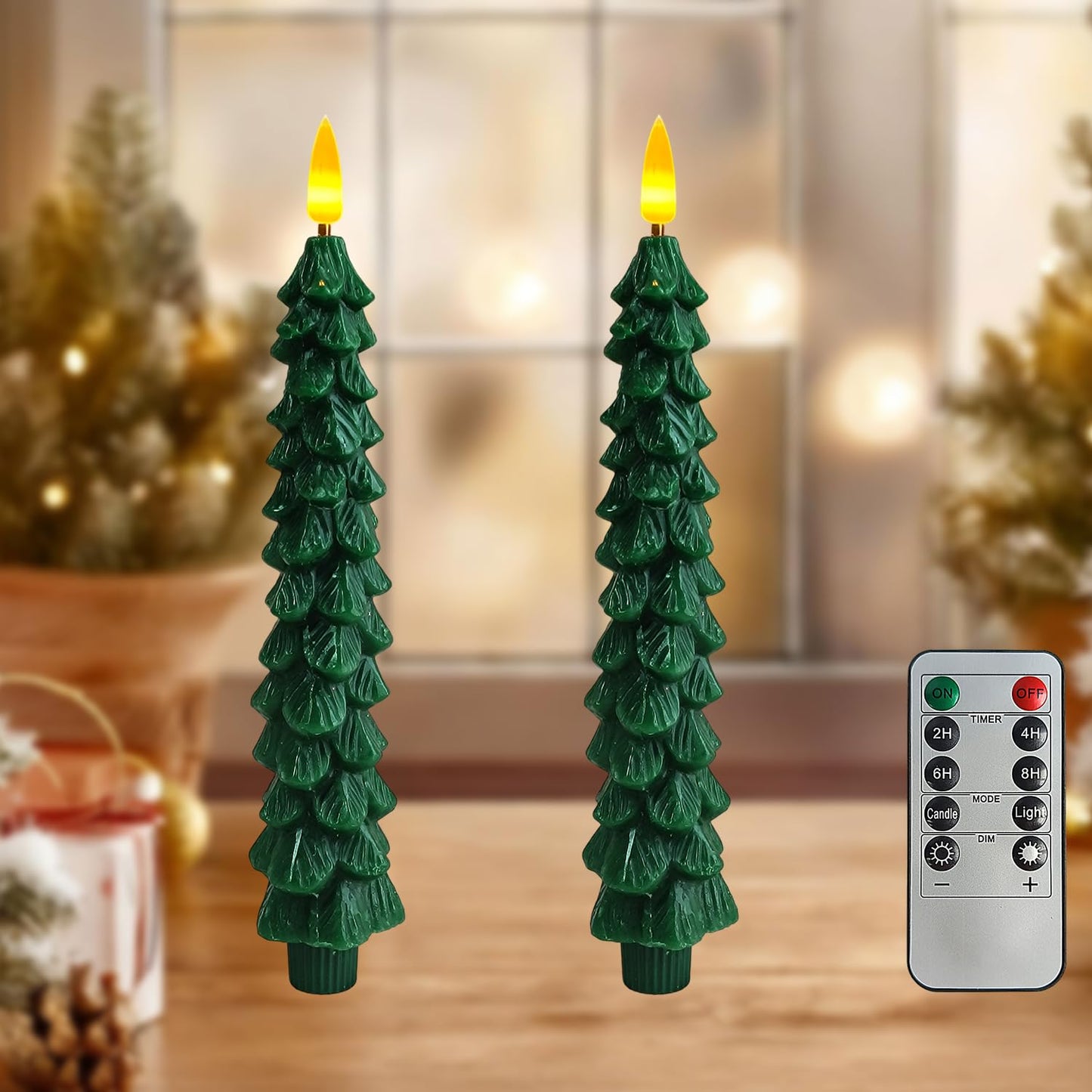 FCMSHAMD Dark Green Christmas Trees Flickering Flameless Candles with Remote and Timer, Real Wax 3D Flame Wick LED Candles, 9.8 Inch Battery Operated Candles for Christmas Home Decoration，2PCS