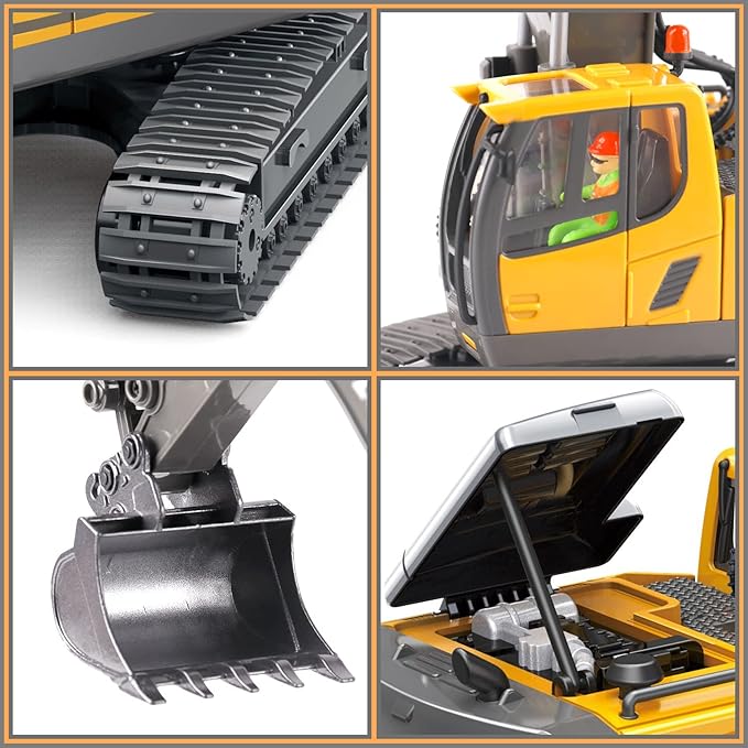 PREPOP Remote Control Excavator Toy for 6-12 yr Boys Best Birthday Gifts for Kids 4-7 8 9 10 11 Year Old RC Construction Toys with Metal Shovel Lights Sounds 2.4Ghz