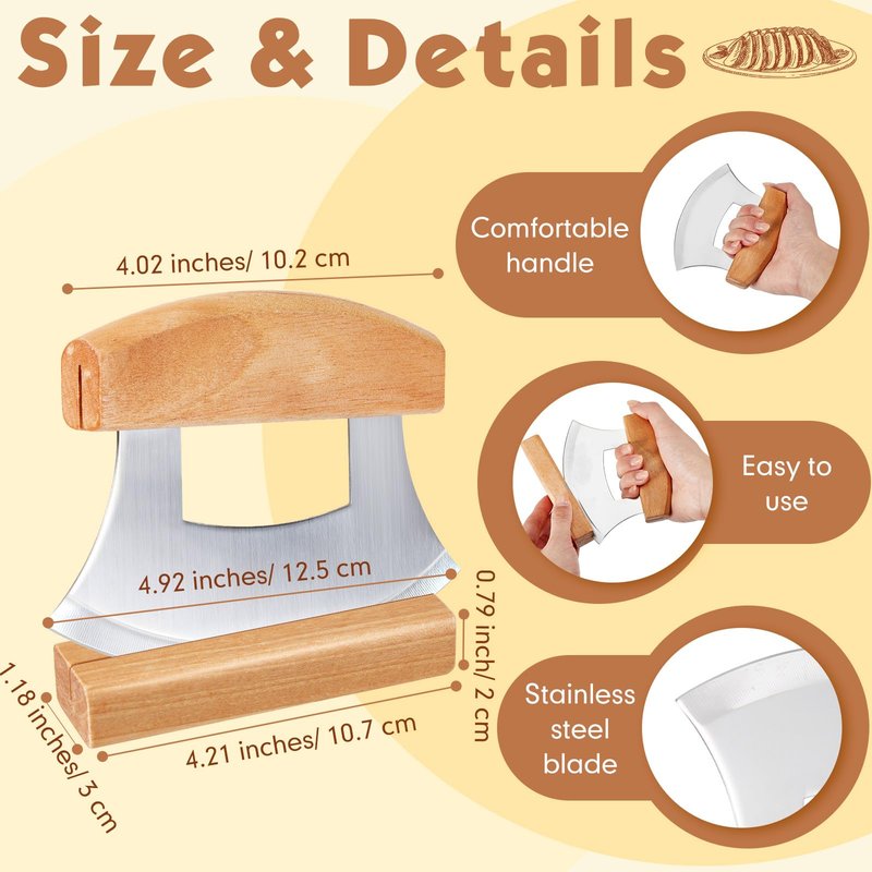 Sunnychicc 2 Pcs Mezzaluna Ulu Knife and Cutting Board Set Rocker Chopper Slicer Cutter with Stand Cutting Board Mezzaluna Chopper Alaskan Ulu Knife Kit for Onion Vegetable Mincing Tool(Wood)