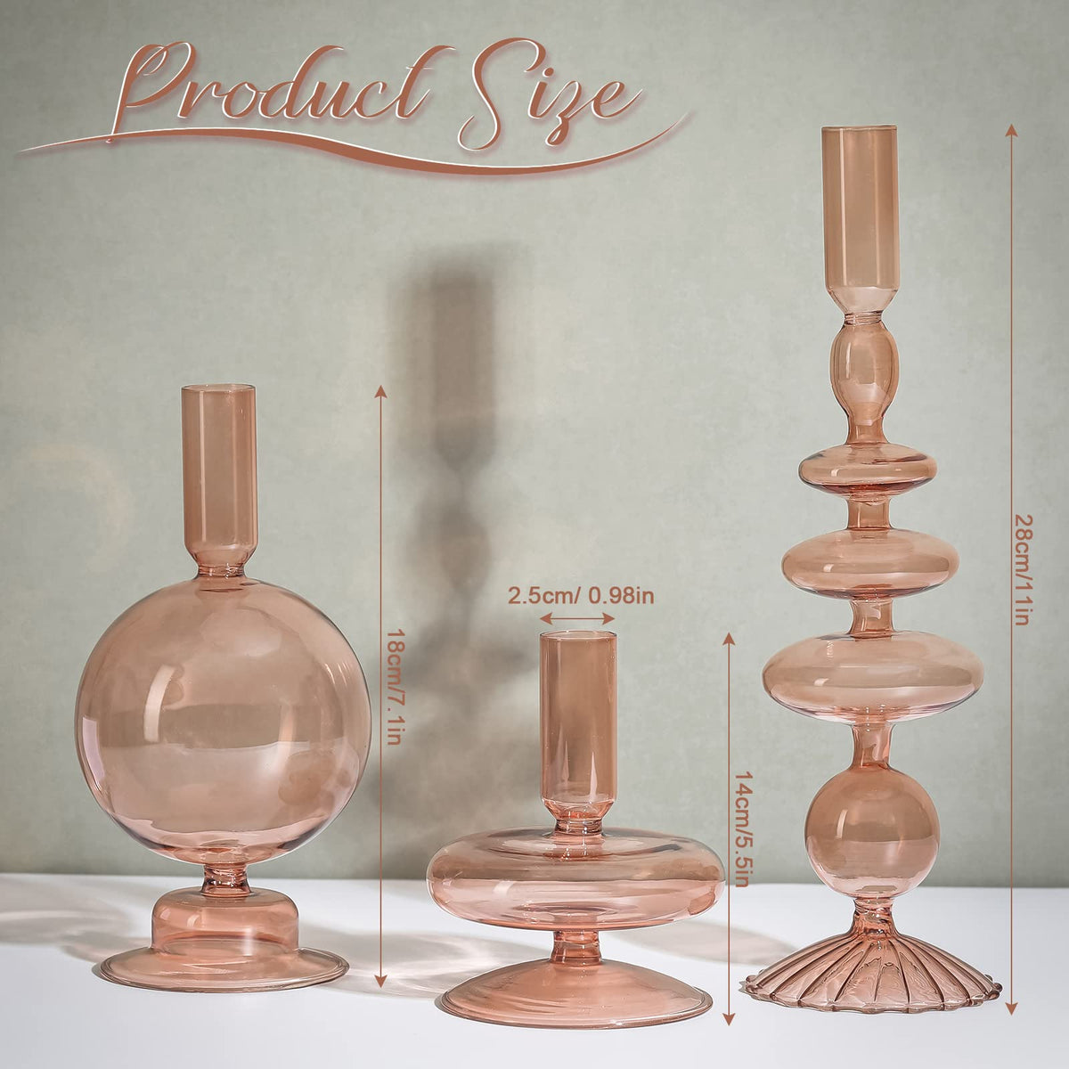 Rtteri 3 Pcs Glass Candlestick Holders Glass Candle Holders Groovy Wavy Elegant Taper Candle Stick for Wedding Home Birthday Party Easter St Patricks Day Decoration Windowsill Decor(Light Brown)