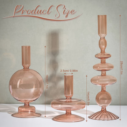 Rtteri 3 Pcs Glass Candlestick Holders Glass Candle Holders Groovy Wavy Elegant Taper Candle Stick for Wedding Home Birthday Party Easter St Patricks Day Decoration Windowsill Decor(Light Brown)