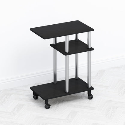 Furinno TOMI Side Table, 3-Tier C-Shape Open Shelf End Table with Wheels, Night Stand, Bedside Table, Toolless Assembly, for Living Room, Bedroom, Americano/Stainless Steel