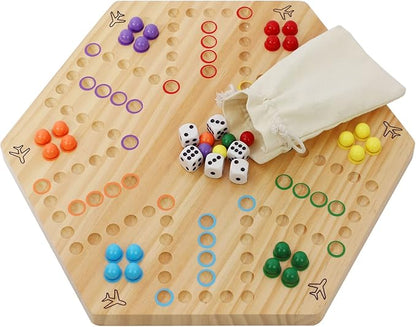 HOROW Wahoo Board Game Wooden Original Board Game Classic 2 Side Painted Fast Track Game for 4 Player and 6 Player with 30 Marbles6 Dices for Family Game Night(6largeLog)