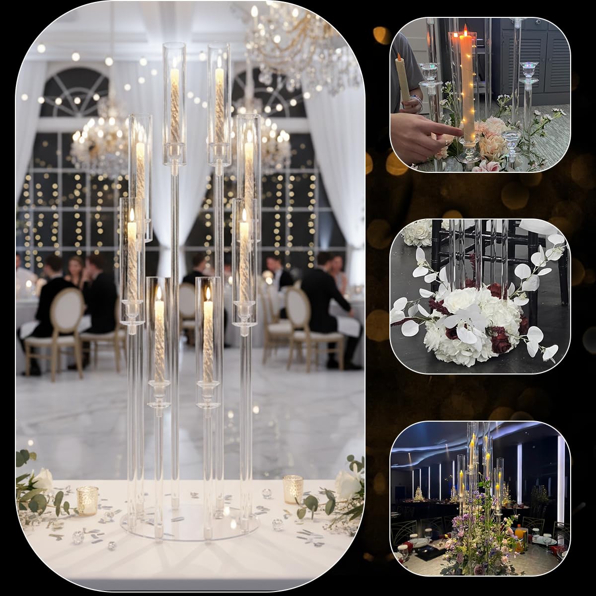 VINCIGANT 4PCS 8 Arms Clear Candelabra Candle Holder for Wedding Decorations,38.5 inches Tall Arcylic Candlesticks Holder with Shade for Table Dinner Party Valentines Day Fireplace Decoration