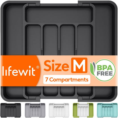 Lifewit Silverware Drawer Organizer, Expandable Utensil Tray for Kitchen, BPA Free Flatware and Cutlery Holder, Adjustable Plastic Storage for Spoons Forks Knives, 8.9-14.7 x 12.2", Gray