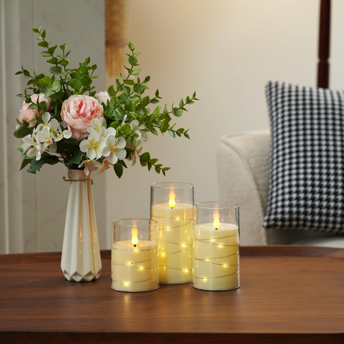 Amagic LED Flameless Candles, Battery Operated Candles with Embedded Fairy Lights, Acrylic Fake Candles with Remote and Timer for Wedding Home Decor, Ivory White, Set of 3, D3 x H4 5" 6"