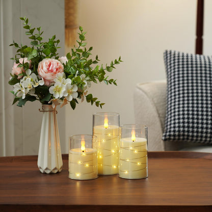Amagic LED Flameless Candles, Battery Operated Candles with Embedded Fairy Lights, Acrylic Fake Candles with Remote and Timer for Wedding Home Decor, Ivory White, Set of 3, D3 x H4 5" 6"