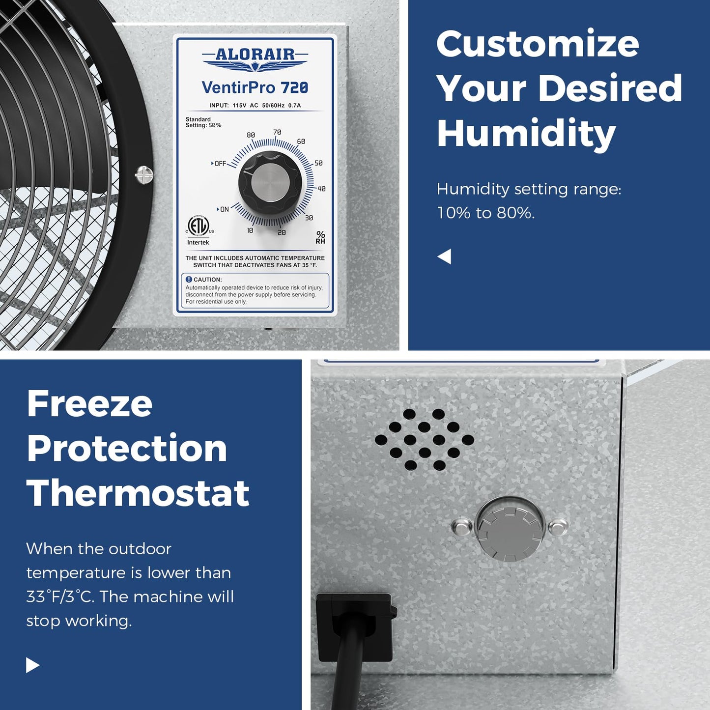 ALORAIR 720 CFM High Flow Powered Crawl Space Ventilation Fan, IP55 Rated 10" Basements Vent Fan with Freeze Protection Thermostat & Dehumidistat, for Crawlspace, Garage, Basements, Attic, Exhaust