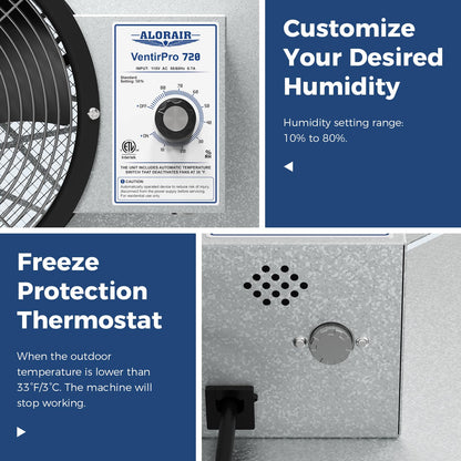 ALORAIR 720 CFM High Flow Powered Crawl Space Ventilation Fan, IP55 Rated 10" Basements Vent Fan with Freeze Protection Thermostat & Dehumidistat, for Crawlspace, Garage, Basements, Attic, Exhaust