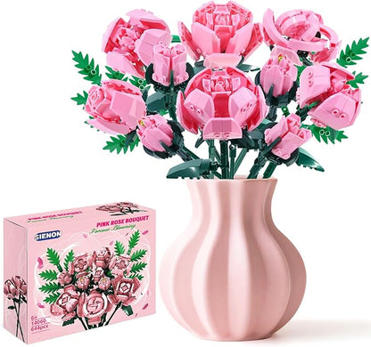 Pink Rose Flower Building Set-10pcs Roses &amp 2pcs Leaves Botanical Collection Artificial Flowers for Home Décor Rose Bouquet Building Kit for Valentine’s Day Christmas Birthday Anniversary (No Va