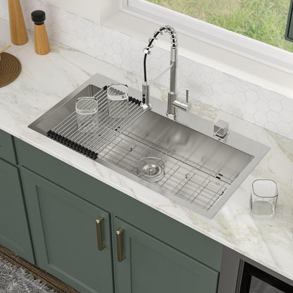 Logmey 36 Inch Drop In Kitchen Sink 36x19 Large Handmade Stainless Steel Sinks 16 Gauge Round Corner Topmount Single Bowl Kitchen Sinks 36x19x9 Inche