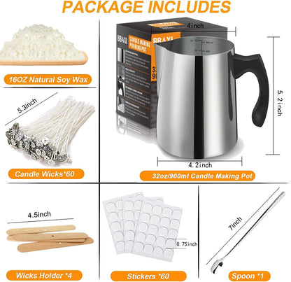 BBAXI Candle Making Kit - 32oz Pouring Pot, 16oz Soy Wax, Wooden Wick Holders, Candle Wicks, Stickers and Spoon