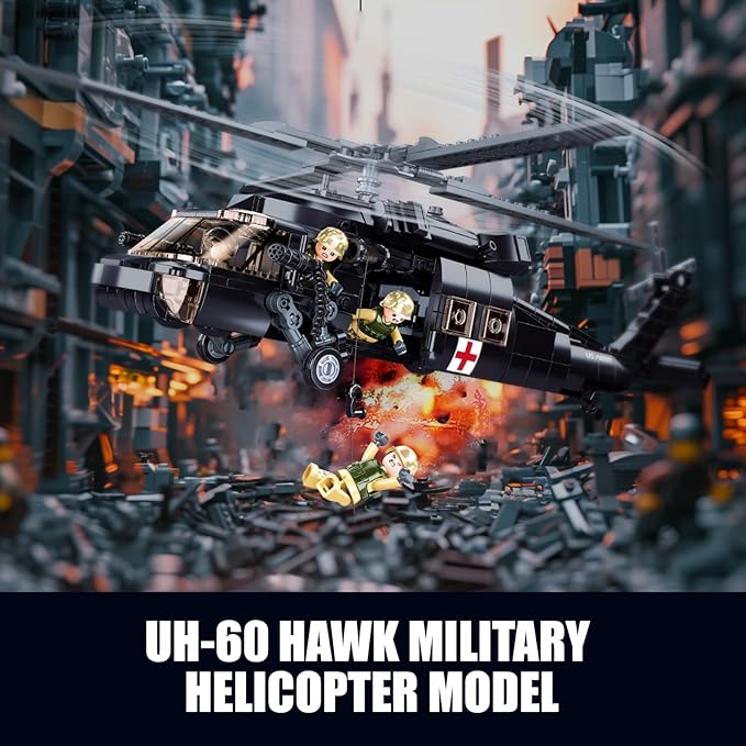 UH-60 Black Utility Helicopter Building Set for Adults Compatible with Lego Military Army Airplane Hawk Plane Model Kit with 4 Soldier Figures Birthday Gift Toys for 8-14 Boys Kids (692 PCS)