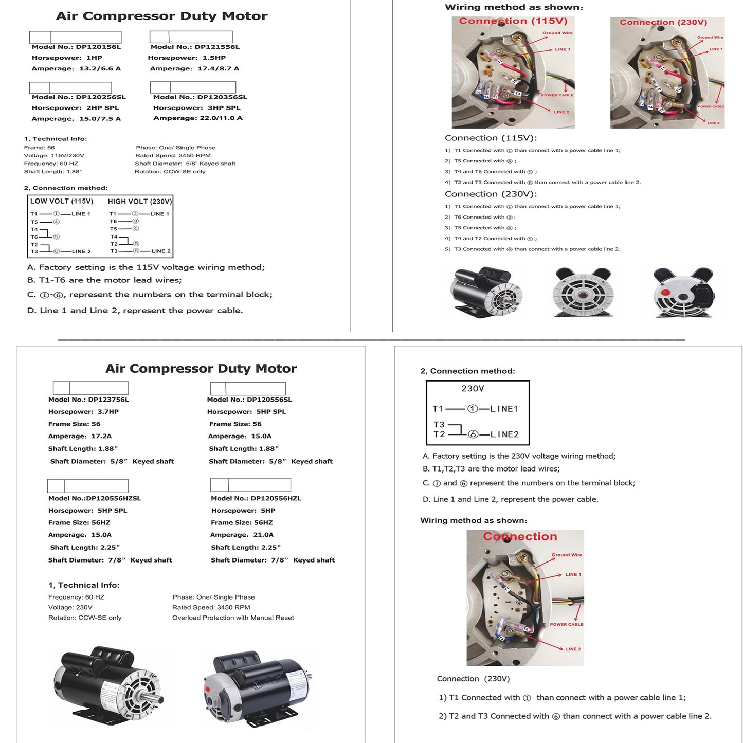 Kunray 3.7HP Air Compressor Motor, 3450RPM Electric Motor, 230V 17.2 Amps Single Phase Motor, 5/8" Keyed Shaft 56 Frame, 1.88" Shaft Length, CCW/CW Rotation