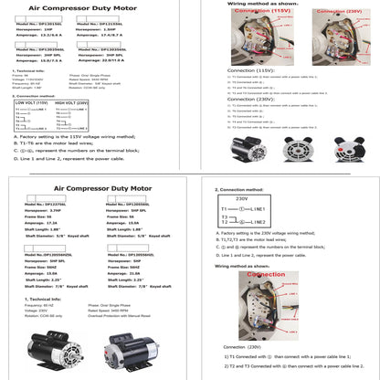 Kunray 3.7HP Air Compressor Motor, 3450RPM Electric Motor, 230V 17.2 Amps Single Phase Motor, 5/8" Keyed Shaft 56 Frame, 1.88" Shaft Length, CCW/CW Rotation
