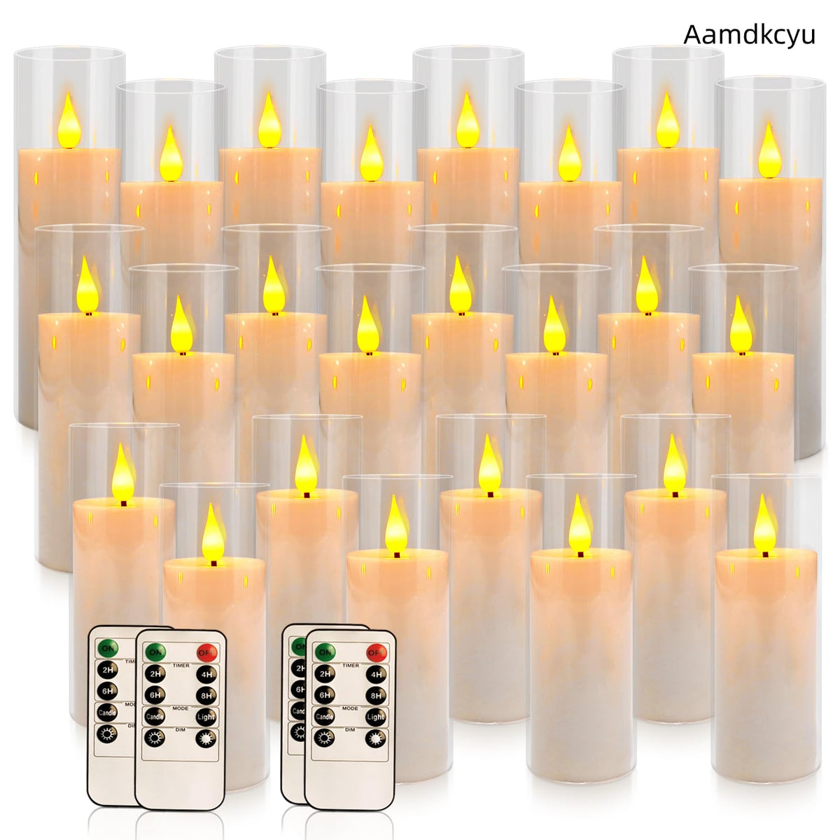 Aamdkcyu 24-Pack Premium Flameless LED Candles - Elegant White & Clear Acrylic Pillar Design with Realistic Flickering Flame, Remote Control & Timer for Weddings, Christmas, Halloween & Home Decor
