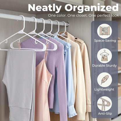 HOUSE DAY White Plastic Hangers 50 Pack, Plastic Clothes Hangers with Built-in Hooks, Durable and Strong Plastic Coat Hangers for Closet, Space Saving Clothing Hanger for Shirts, Coats, Skirt, Dress