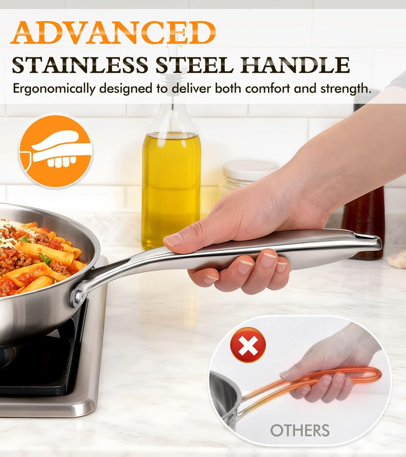 16-Piece Pots and Pans Set, Tri-Ply Stainless Steel Cookware Set with Lids, Non-toxic Kitchen Cooking Set, Dishwasher-Friendly, Induction-Ready, Even Heating, Heavy Duty, Compatible with All Cooktops
