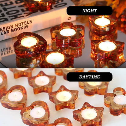 Votive Candle Holders Set of 12 for Table Centerpiece（3 Sizes,Heart/Flower/Star,Amber Glass Tea Light Candle Holders Bulk for Birthday Party,Wedding,Fall Home Decor, Festival Decorative(Amber)