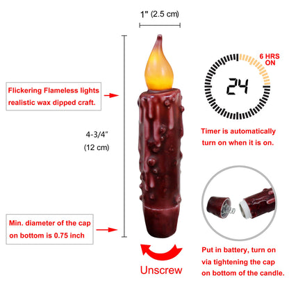 CVHOMEDECO. Real Wax Hand Dipped Battery Operated LED Timer Taper Candles Country Primitive Flameless Lights Décor, 4-3/4 Inch, Burgundy, 3 PCS in a Package