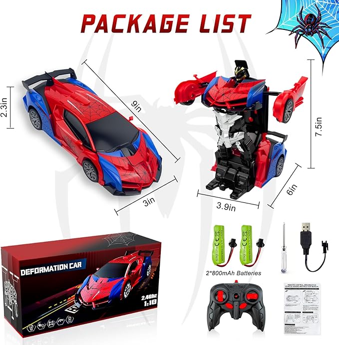 Spider Remote Control Car Toy for Boys 2.4Ghz RC Transform Robot 1:18 Scale One-Button Deformation 360°Rotation Car with Underbody Lights Gifts for Boys Ages 3 4 5 6 7 8 9 10 11 12