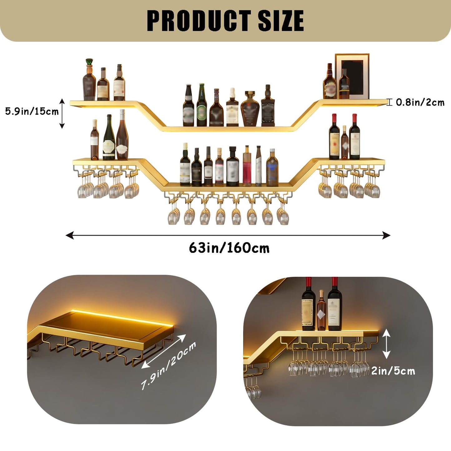 TAUODUYY 63in Modern LED Wine Rack Wall Mounted, 3-Tier Floating Bar Shelves with Wine Glass Rack, Large Hanging Liquor Shelf Wall Mounted, for Home Bar Dining Room Cafe Decorative (Gold, 63in/160cm)