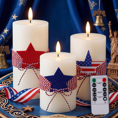 4th of July 4" 5" 6" Flameless Pillar Candles with Remote, Set of 3 Patriotic White Battery Operated LED Candle with Star Felt, Independence Day Decorations for Home Party Table Fireplace