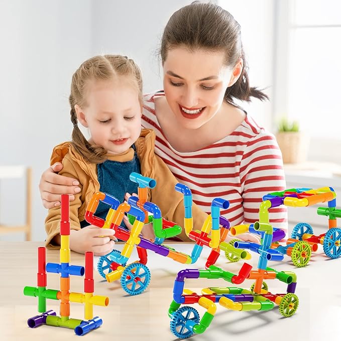 burgkidz STEM Learning Pipe Tube Construction Building Blocks Sensory Toys with Wheels Baseplate for All Ages Kids Boys Girls 188 Pcs