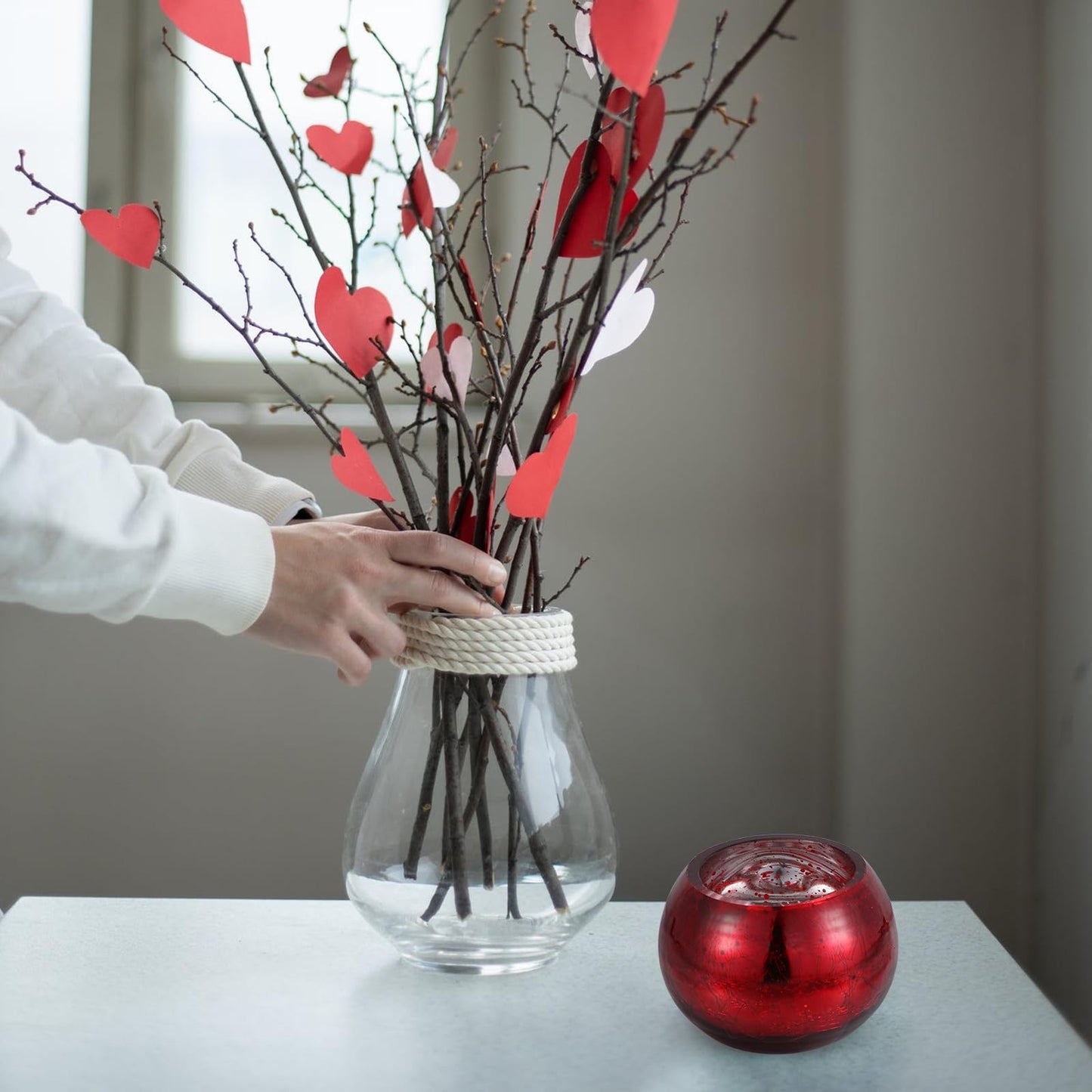 Luxshiny Valentine's Day Glass Tealight Holder Red Frosted Floral Pattern Candle Cup Romantic Aromatherapy Decor for Wedding Home Relaxation