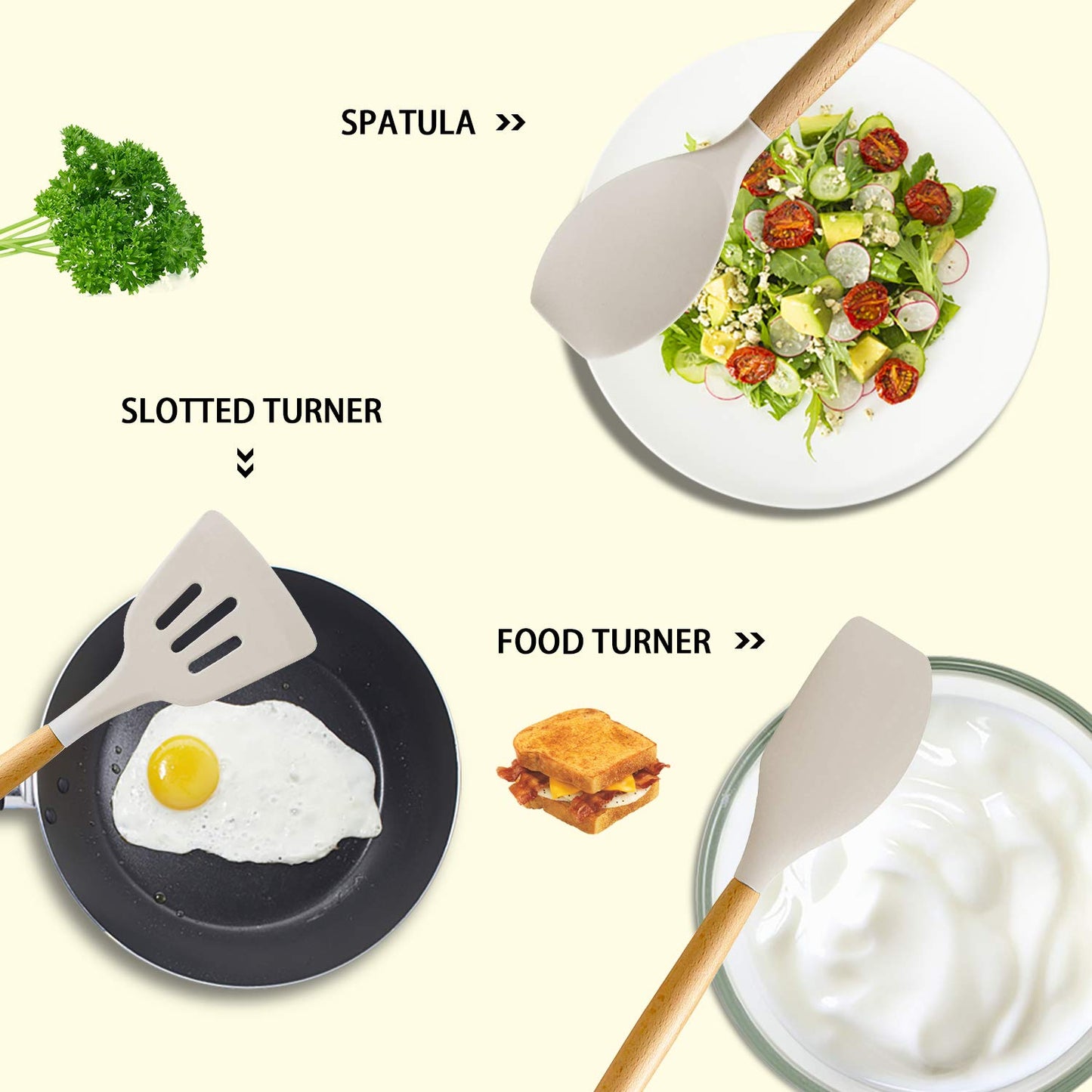 MIBOTE Silicone Cooking Kitchen Utensils Set with Holder, Wooden Handles BPA Free Non Toxic Silicone Turner Tongs Spatula Spoon Kitchen Gadgets Utensil Set for Nonstick Cookware (Khaki)