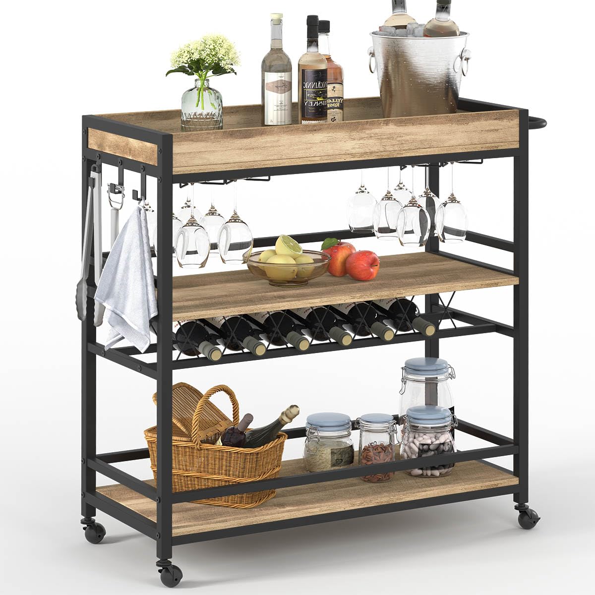 BON AUGURE Bar Cart for The Home, Bar Serving Carts on Wheels with Industrial Ladder Shelf Bookcase, 4 Tier Rustic Ladder Bookshelf, Standing Leaning Book Shelves for Living Room (Vintage Oak)